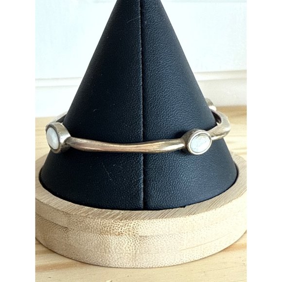 Gold Tone Metal Bangle Bracelet with White and Clear Spacers 8" - Picture 3 of 4